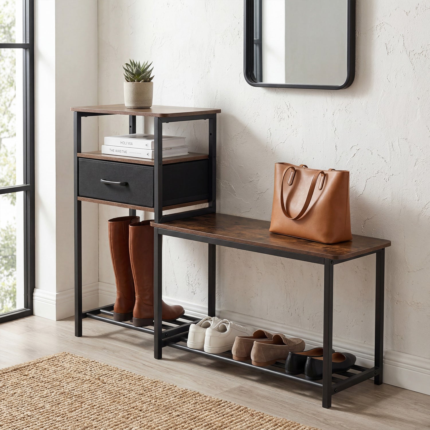 Rustic brown 3-tier shoe storage rack with bench, drawer, and metal frame for entryway organization and seating.