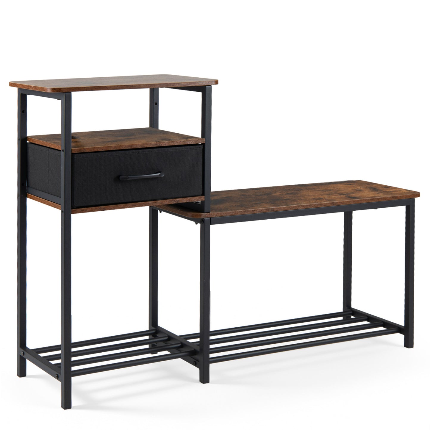 Rustic brown 3-tier shoe storage rack with bench and drawer, metal frame for entryway organization.