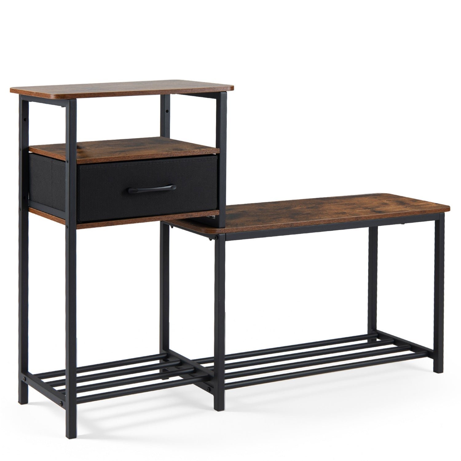 Rustic brown 3-tier shoe storage rack with bench and drawer, metal frame for entryway organization.