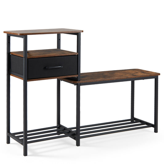 Rustic brown 3-tier shoe storage rack with bench and drawer, metal frame for entryway organization.