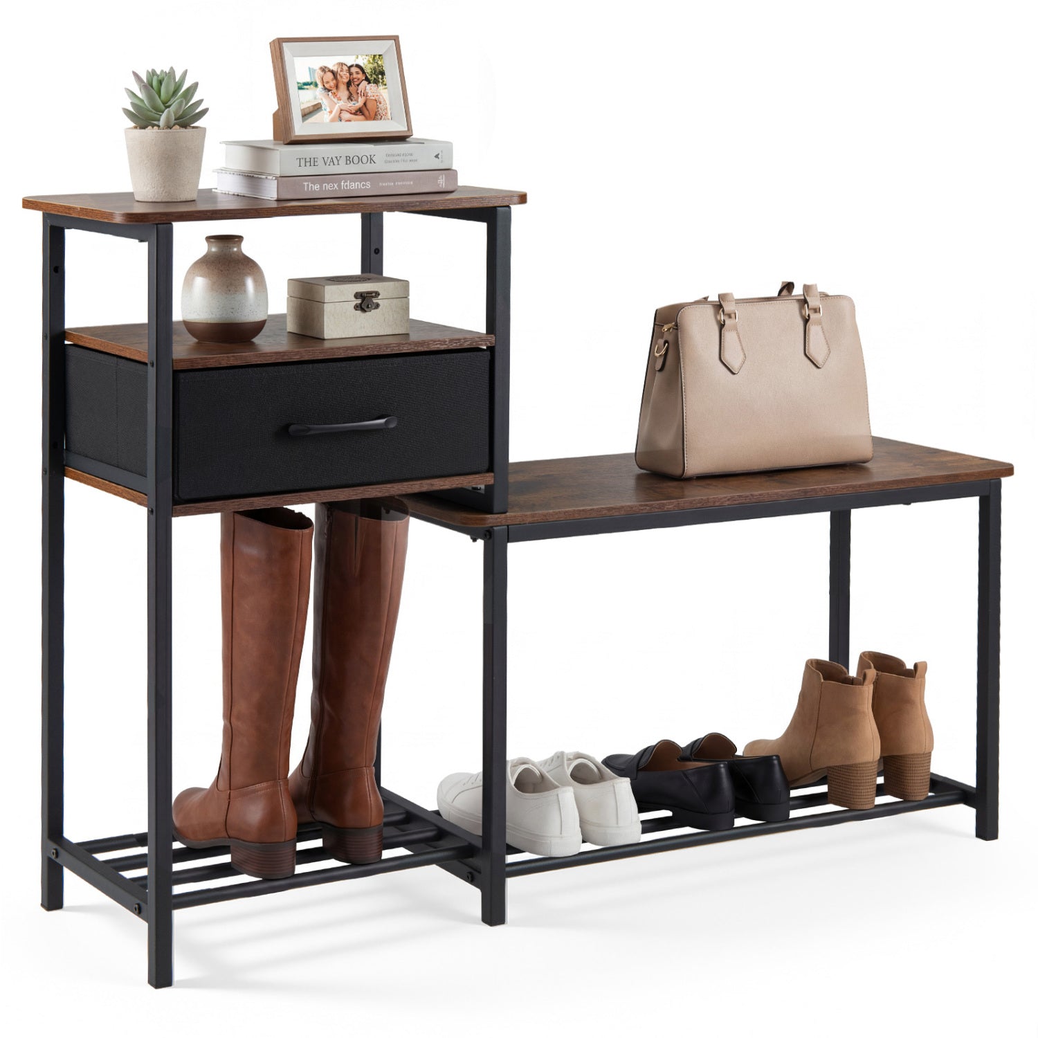 Rustic brown 3-tier shoe storage rack bench with drawer and metal frame, ideal for entryway organization.