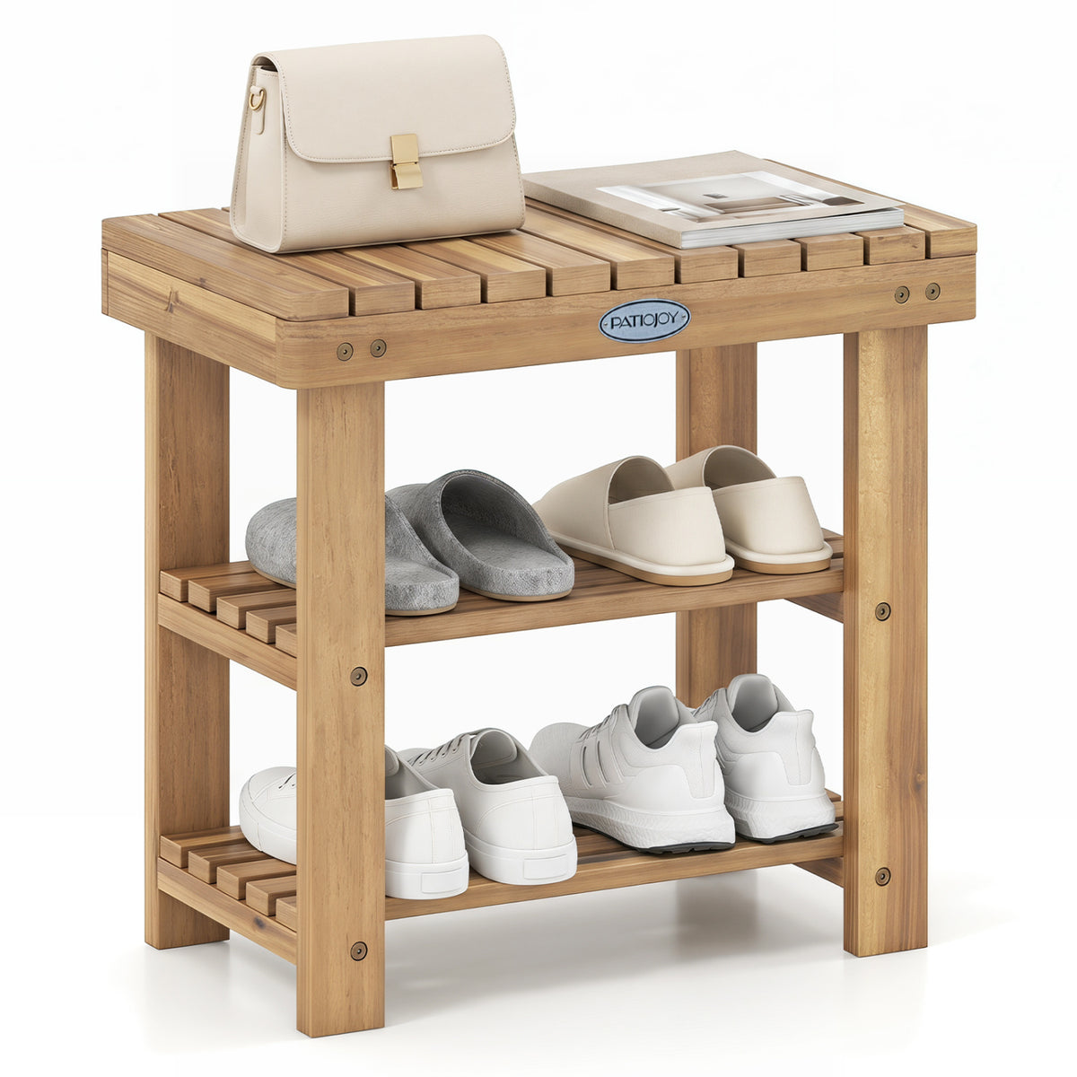Solid wood 3-tier shoe rack bench with slatted shelves, ideal for entryway storage, by Wilsons Home Store.