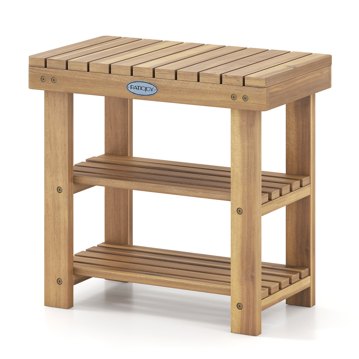 Solid wood 3-tier shoe rack bench with slatted shelves, ideal for entryway storage and organization.