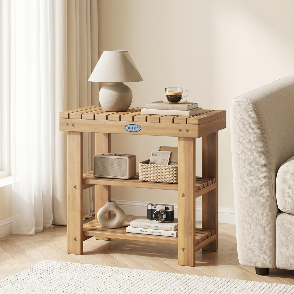 Solid wood 3-tier shoe rack bench with slatted shelves, ideal for entryway organization and stylish storage.