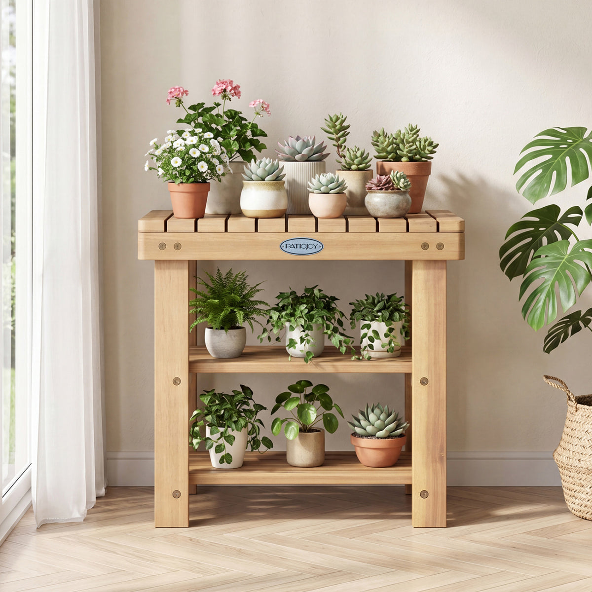 Solid wood 3-tier shoe rack bench with slatted shelves, ideal for entryway storage and organization.