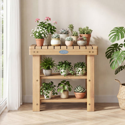 Solid wood 3-tier shoe rack bench with slatted shelves, ideal for entryway storage and organization.