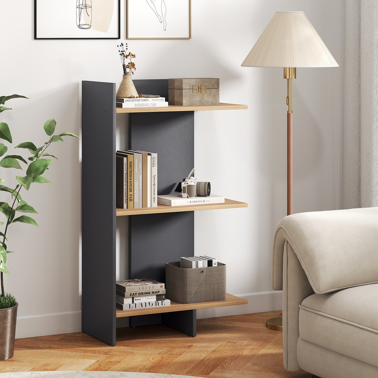 3 Tier Wooden Bookshelf with Anti-Tipping Kit-Oak