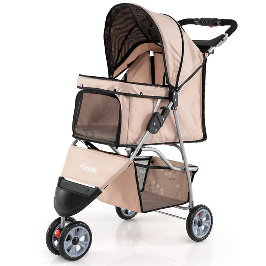Beige 3-wheel pet stroller for small dogs and cats up to 33 lbs, featuring a compact design for easy mobility.