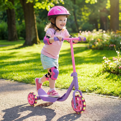Purple kids' 3-wheel scooter with LED light-up wheels and wide anti-slip deck, suitable for ages 2 and up.