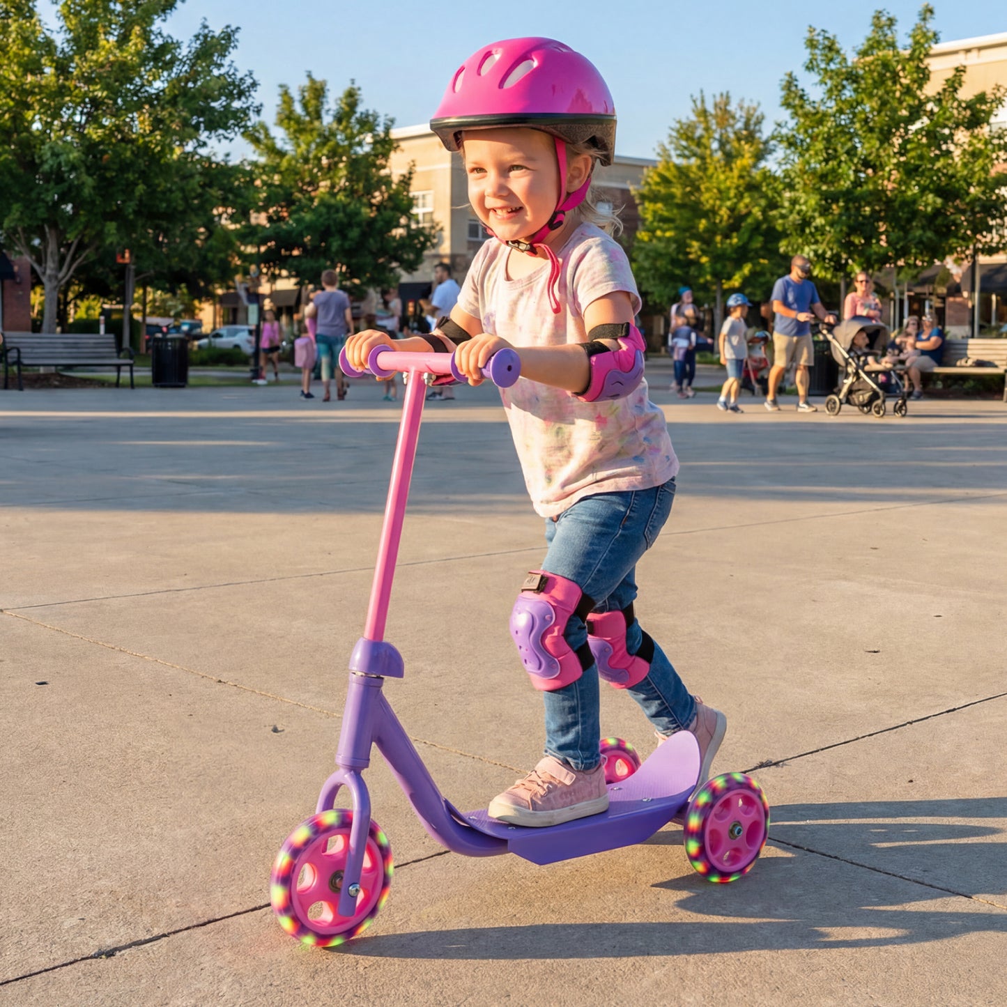 Purple 3-wheel kids scooter with LED light-up wheels and wide anti-slip deck, designed for children aged 2+ for safe riding.