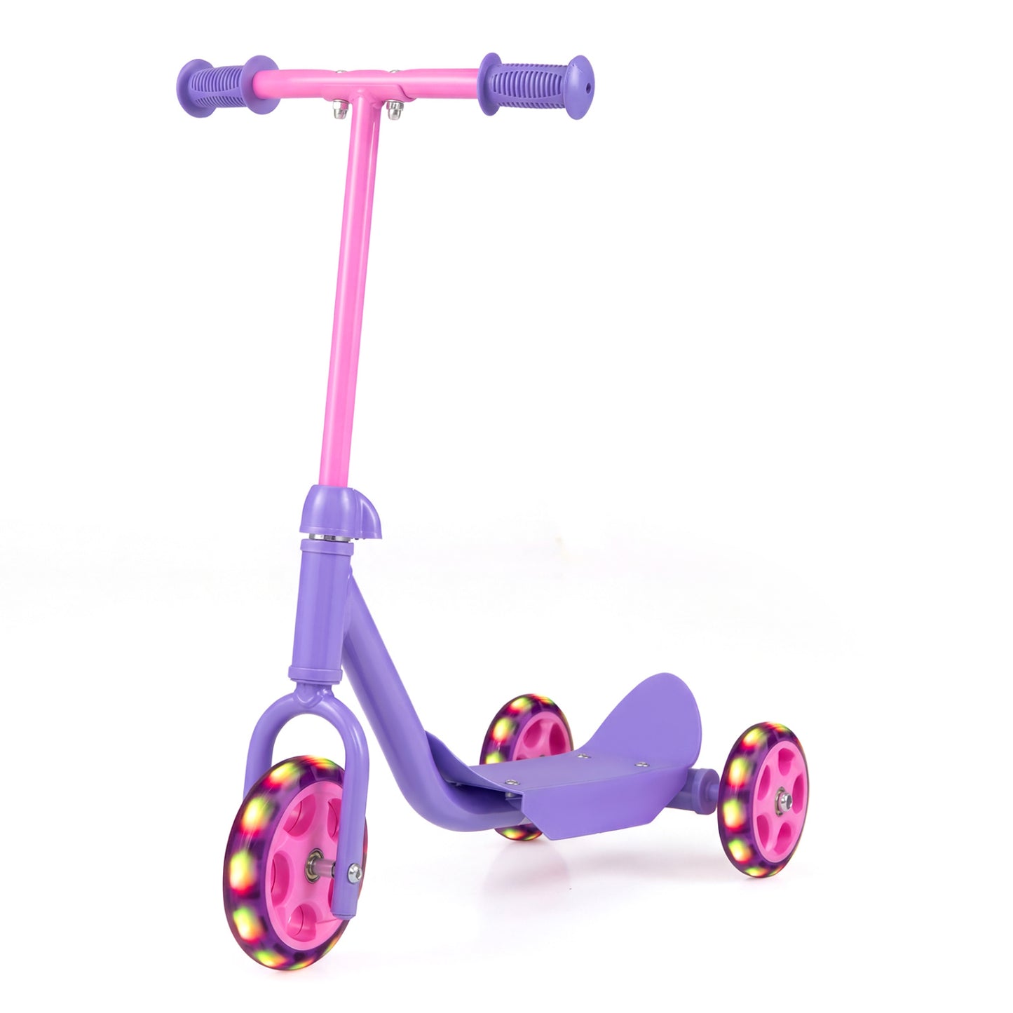 Purple 3-wheels kids' scooter with LED light-up wheels and wide anti-slip deck, suitable for children 2+ years old.
