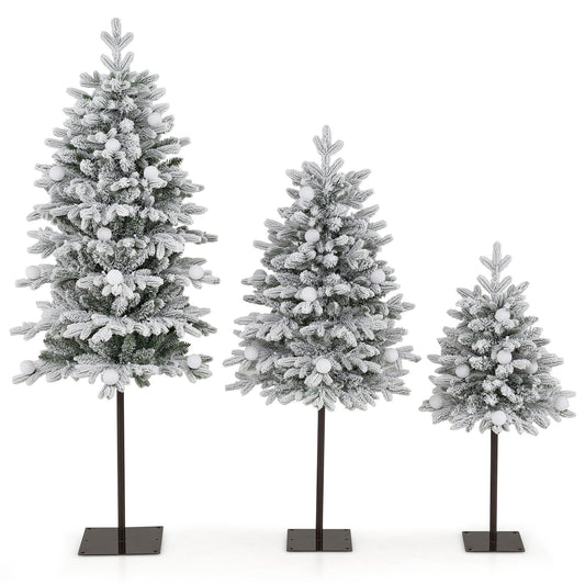 Set of three pre-lit Christmas trees in 3, 4, and 5 ft sizes with branch tips and colorful light balls, perfect holiday decor.