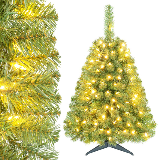 3-foot pre-lit artificial Christmas tree by Wilsons Home Store with 100 warm white LED lights, perfect for holiday decoration.