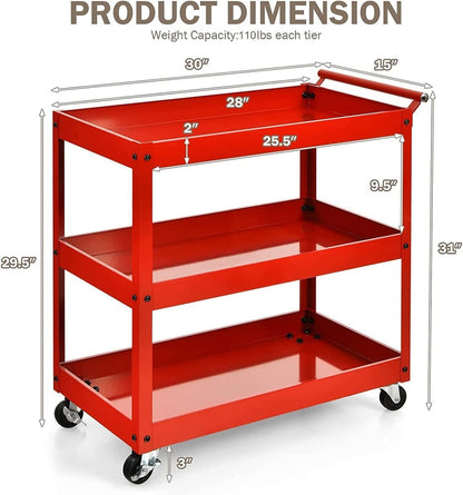 3-Tier Utility Cart Metal Mental Storage Service Trolley-Red