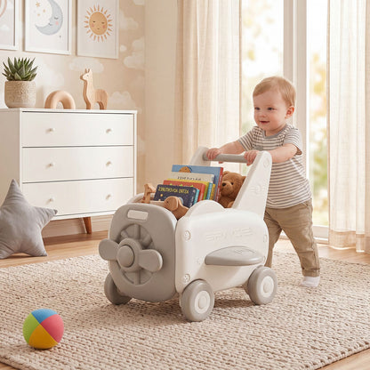 3-in-1 Baby Airplane Shape Toddler Toy Box with Wheels and Tip-up Seat
