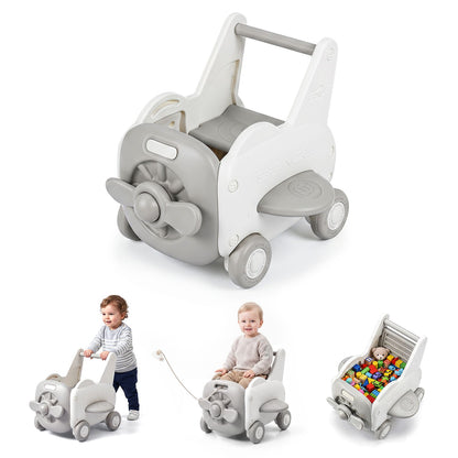 3-in-1 Baby Airplane Shape Toddler Toy Box with Wheels and Tip-up Seat