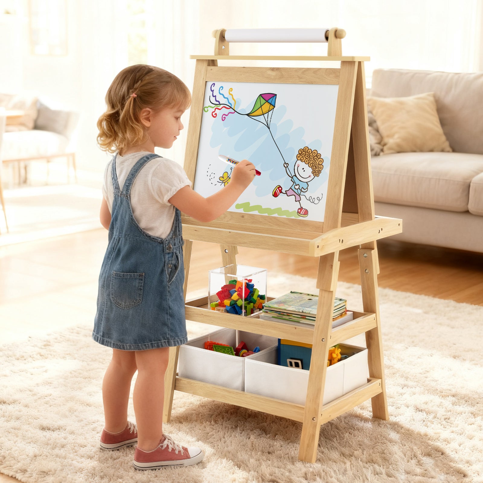 Double-sided 3-in-1 storage art easel in natural wood finish, designed for kids' art and craft activities.