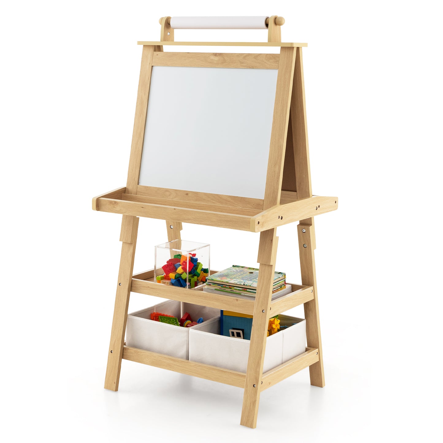 Double-sided 3-in-1 storage art easel in natural wood for kids' art and craft projects, sturdy and versatile design.