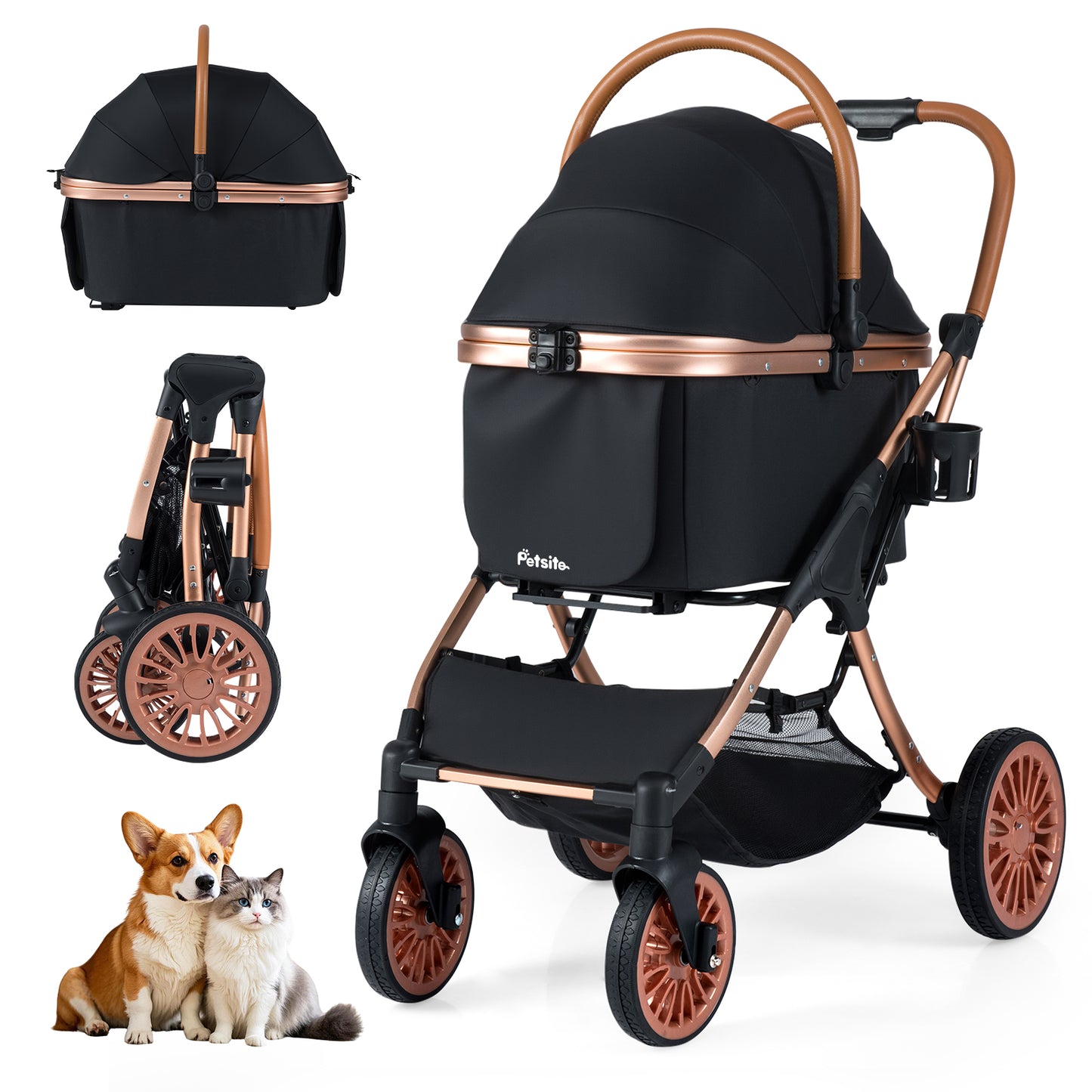 3-in-1 Foldable Pet Stroller with  Sun Shade and Safety Belt for up to 55 lbs Small Medium Dogs Cats-Black
