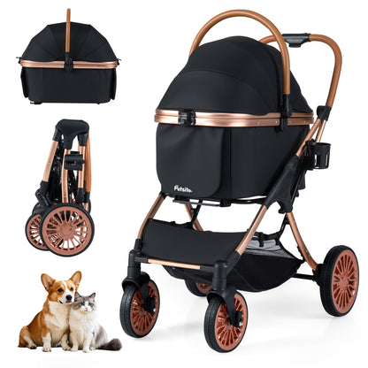 3-in-1 Foldable Pet Stroller with  Sun Shade and Safety Belt for up to 55 lbs Small Medium Dogs Cats-Black