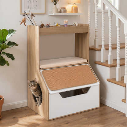 Natural wooden 3-in-1 hidden cat house cabinet with four cubbies, removable cushion, and scratching pad for pets.