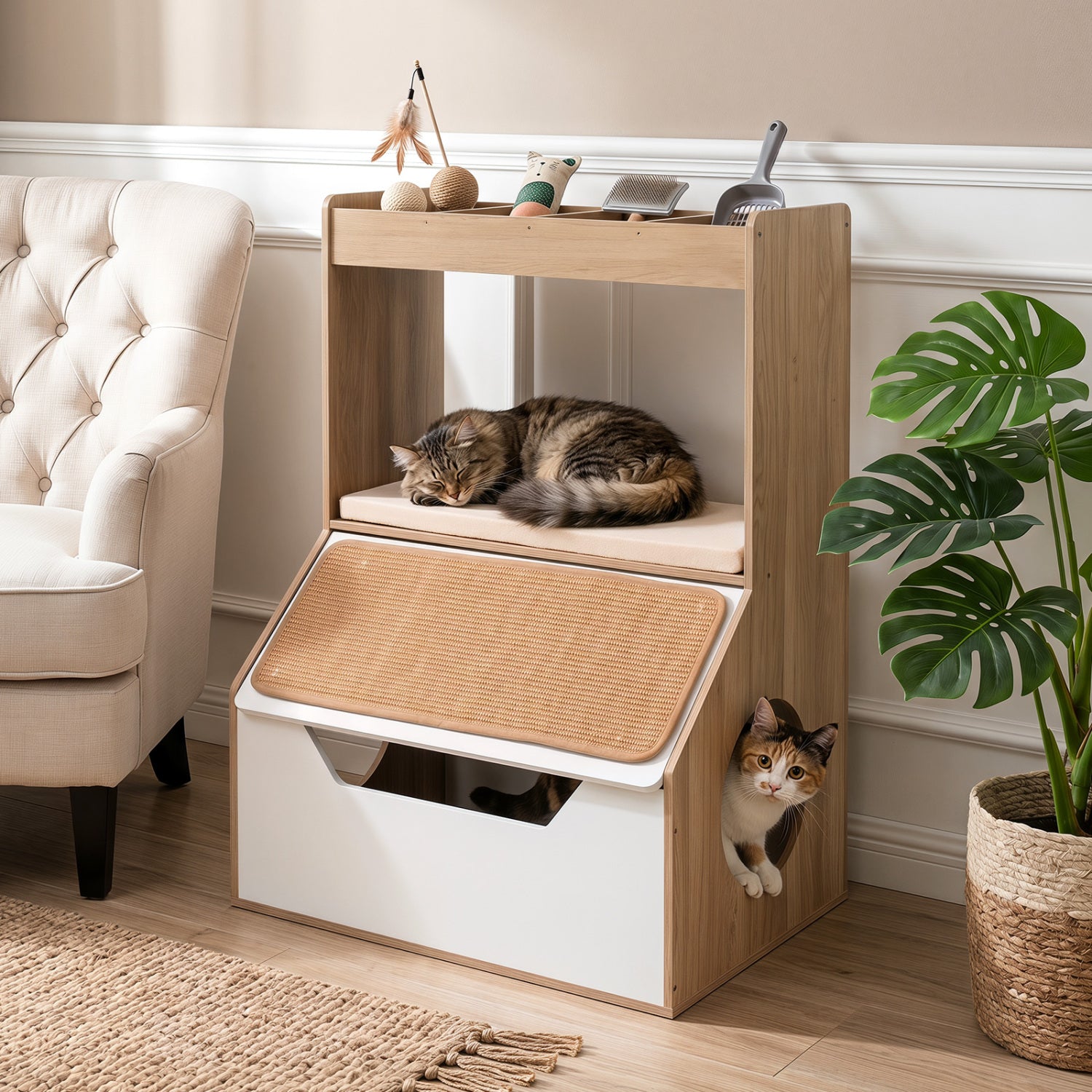 Natural wood 3-in-1 hidden cat house cabinet with cubbies, removable cushion, and scratching pad for pets and cats.