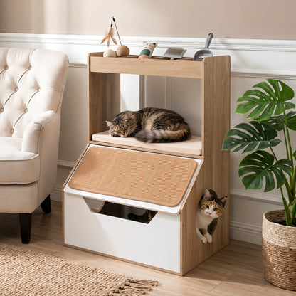 Natural wood 3-in-1 hidden cat house cabinet with cubbies, removable cushion, and scratching pad for pets and cats.