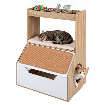 Natural wood 3-in-1 hidden cat house cabinet with four cubbies, removable cushion, and scratching pad for cats.