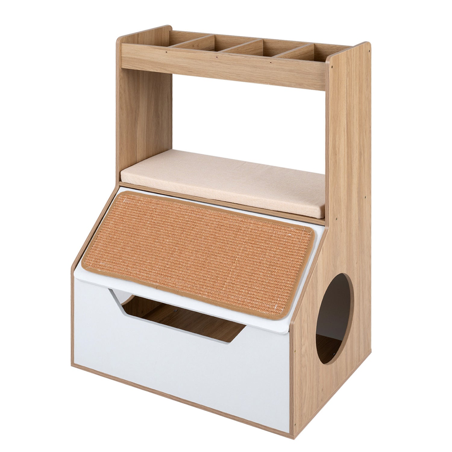 Natural wooden 3-in-1 hidden cat house cabinet with four cubbies, removable cushion, and scratching pad for pets.