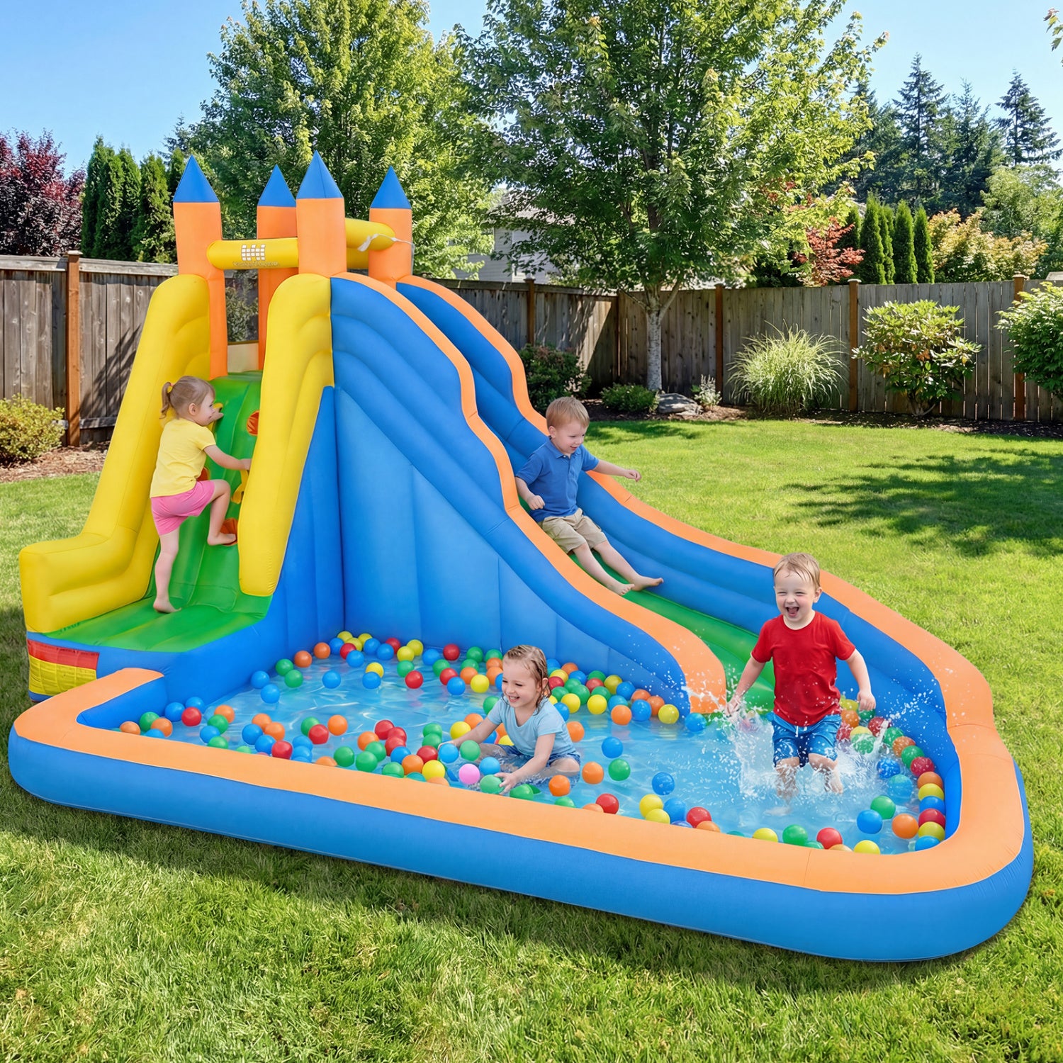 Inflatable 3-in-1 water slide with curved slide and 680W blower, outdoor toy for kids, by Wilsons Home Store.