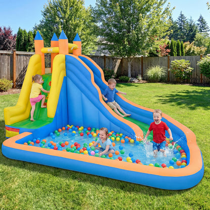 Inflatable 3-in-1 water slide with curved slide and 680W blower, outdoor toy for kids, by Wilsons Home Store.
