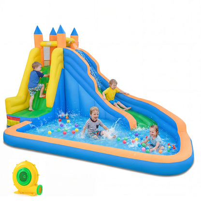 Colorful 3-in-1 inflatable water slide with curved slide and 680W blower, outdoor toy for kids, by Wilsons Home Store