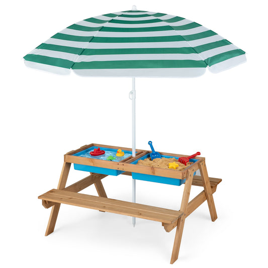 Green 3-in-1 kids outdoor picnic water sand table with removable umbrella and storage boxes, perfect for toddler play.