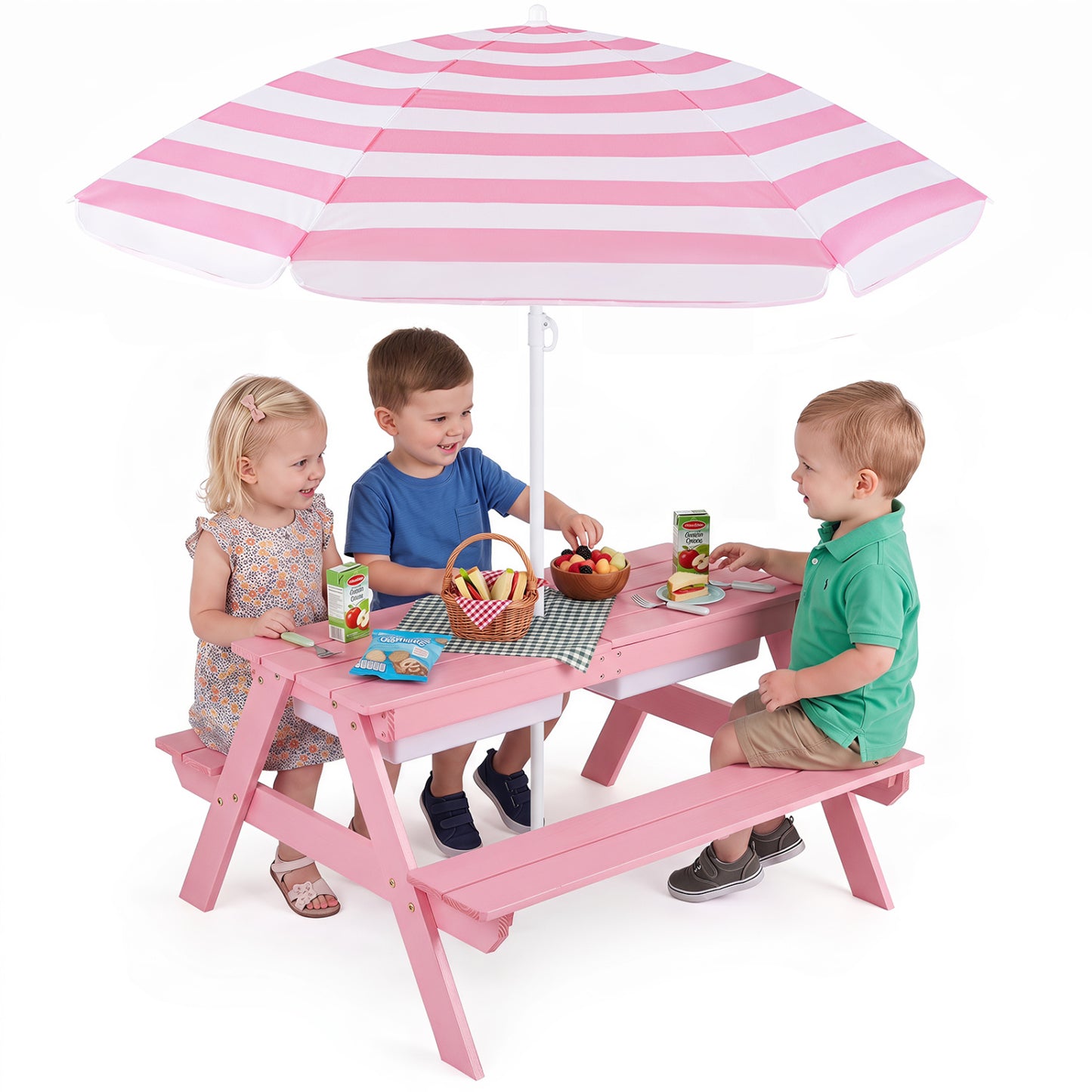 3-in-1 Kids Outdoor Picnic Water Sand Table with Removable Umbrella and Boxes-Green