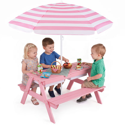 3-in-1 Kids Outdoor Picnic Water Sand Table with Removable Umbrella and Boxes-Green