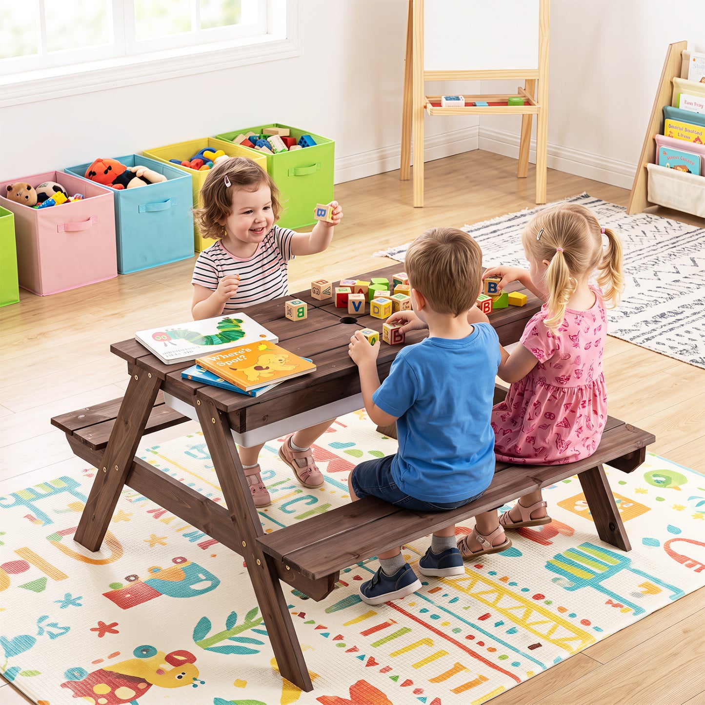 3-in-1 Kids Outdoor Picnic Water Sand Table with Removable Umbrella and Boxes-Green