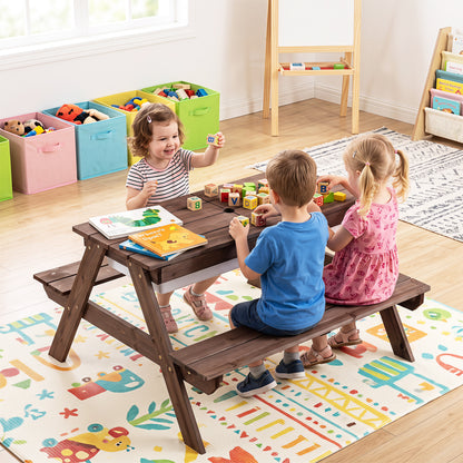 3-in-1 Kids Outdoor Picnic Water Sand Table with Removable Umbrella and Boxes-Green