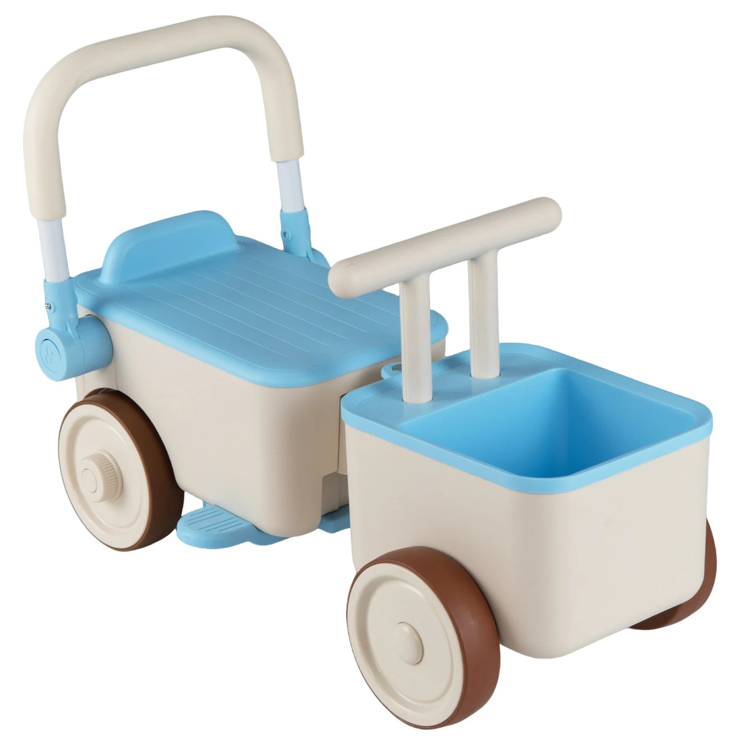 Blue 3-in-1 kids ride-on push car with rope handle and storage basket, perfect for toddlers' outdoor play.