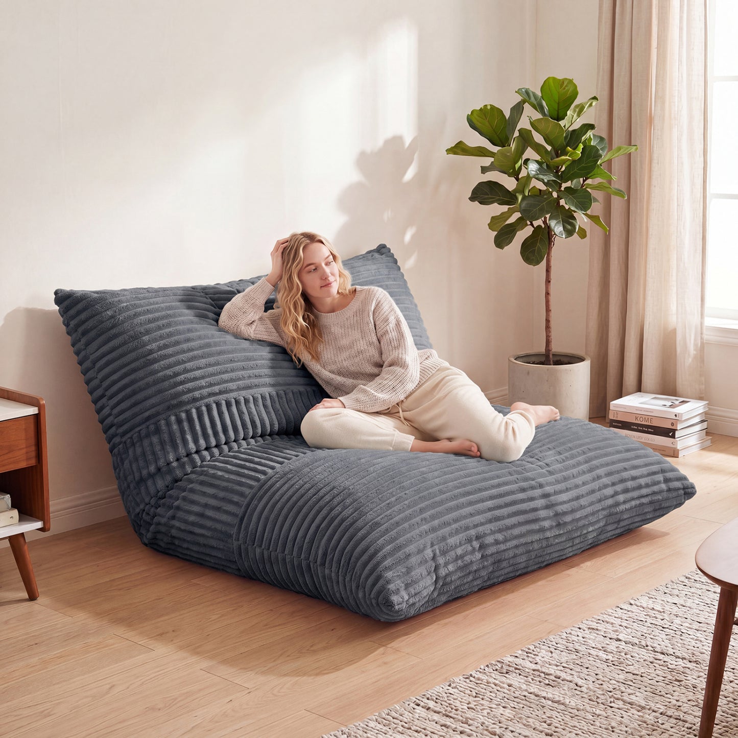 3-in-1 Large Bean Bag Chair with Comfy Corduroy Fabric-Beige