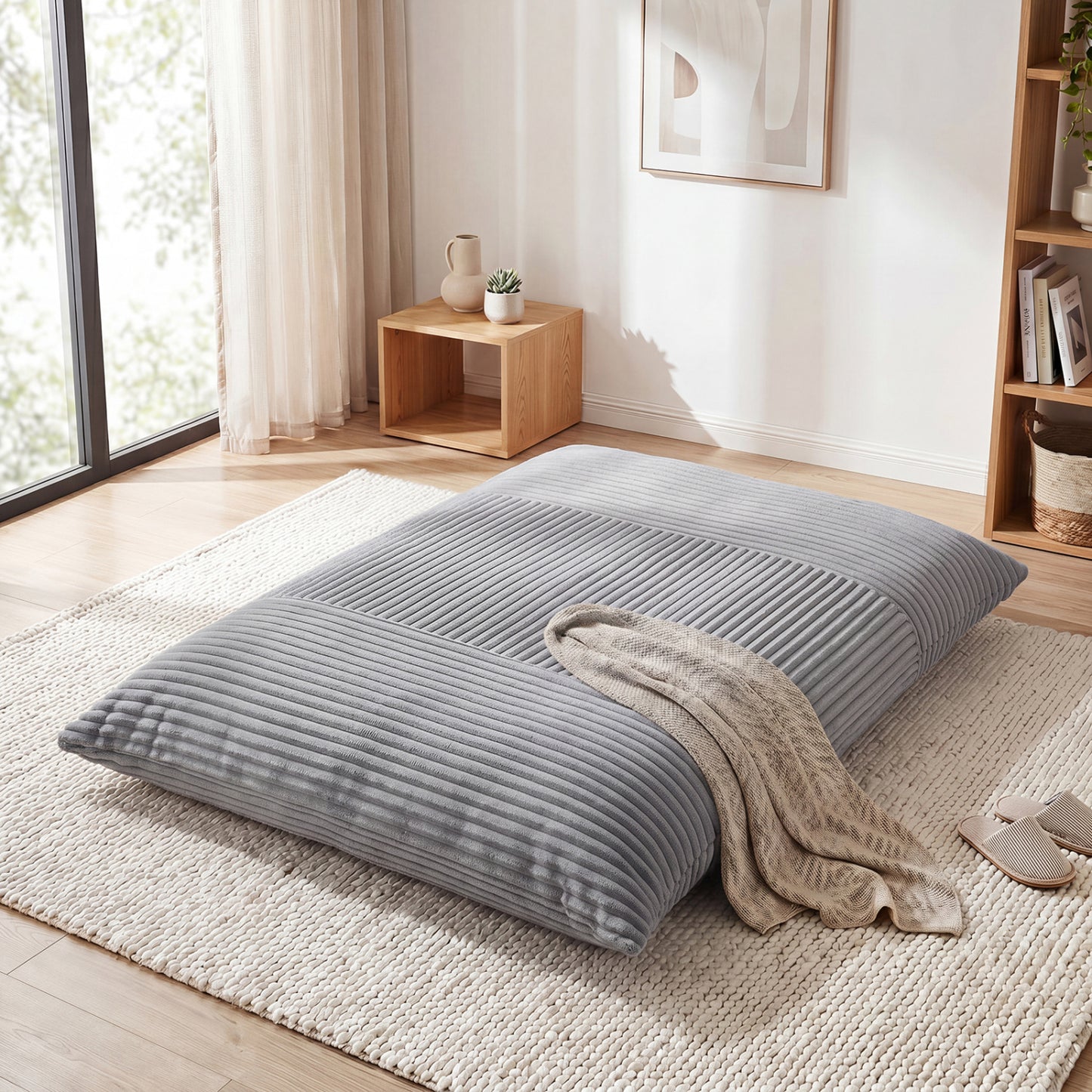 3-in-1 Large Bean Bag Chair with Comfy Corduroy Fabric-Beige