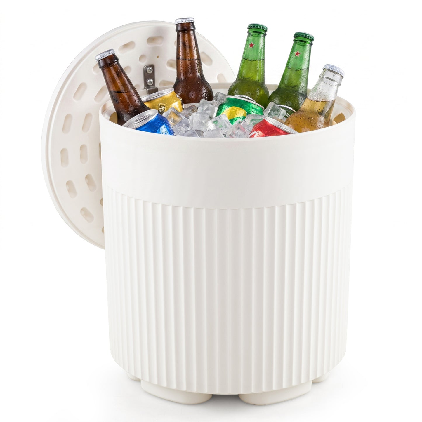 3-in-1 Outdoor Cooler Side Table with Fluted Design for Deck-White