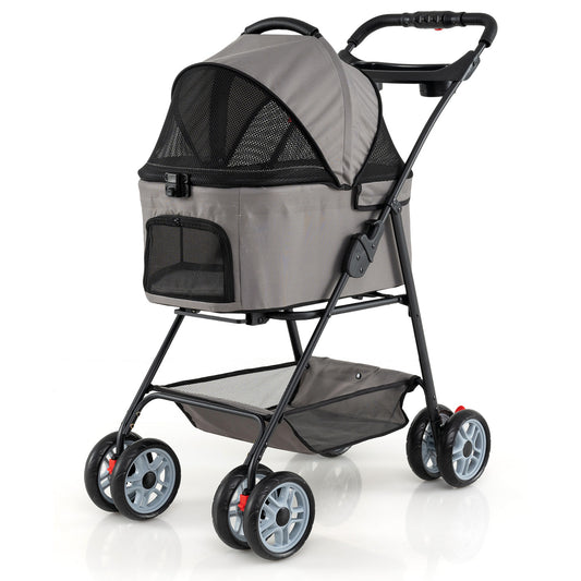 Gray 3-in-1 pet stroller with removable carrier for dogs up to 33 lbs, featuring adjustable handles and ample storage space.