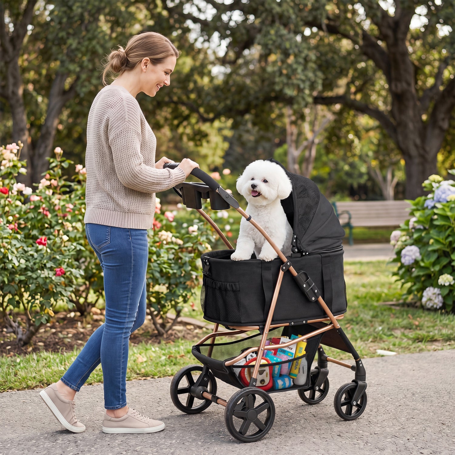 Black 3-in-1 foldable pet stroller with detachable carrier for small and medium dogs, featuring a compact design and sturdy frame.