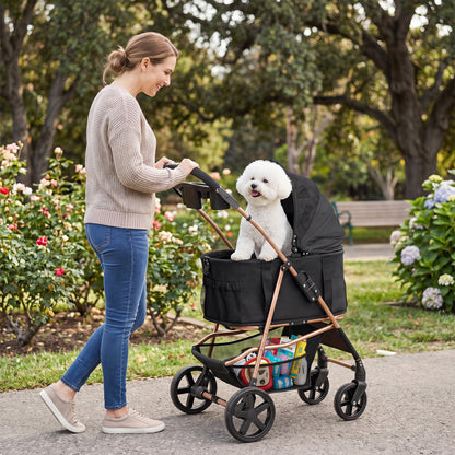 Black 3-in-1 foldable pet stroller with detachable carrier for small and medium dogs, featuring a compact design and sturdy frame.