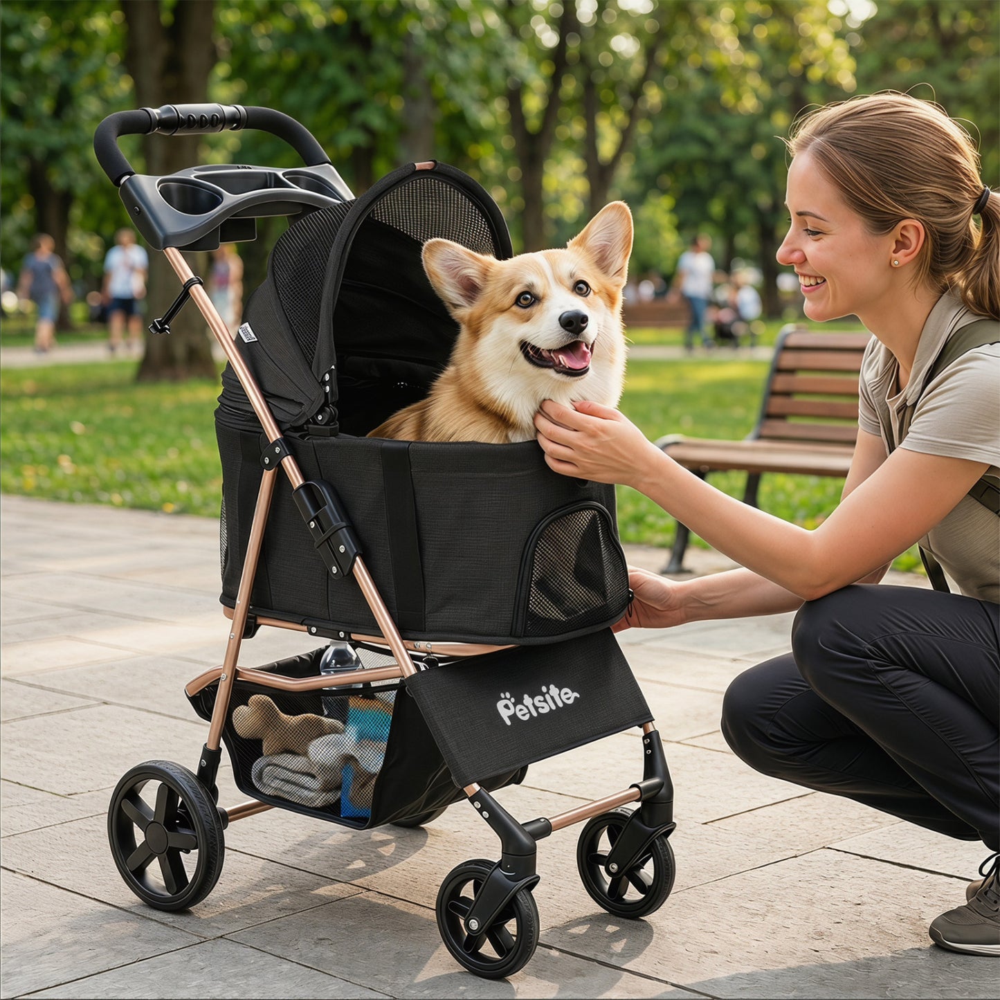 Black 3-in-1 pet stroller for small and medium dogs with foldable design and detachable carrier, perfect for convenient dog transport.