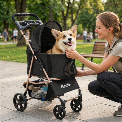 Black 3-in-1 pet stroller for small and medium dogs with foldable design and detachable carrier, perfect for convenient dog transport.