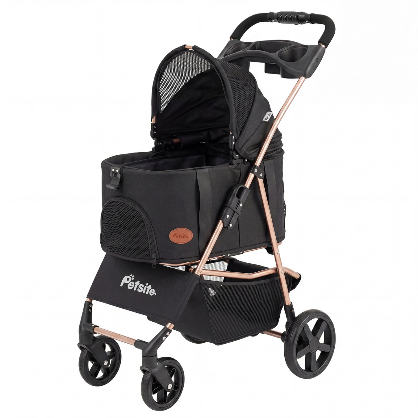 Black 3-in-1 foldable pet stroller for small and medium dogs with detachable carrier, suitable for easy transport and comfort.