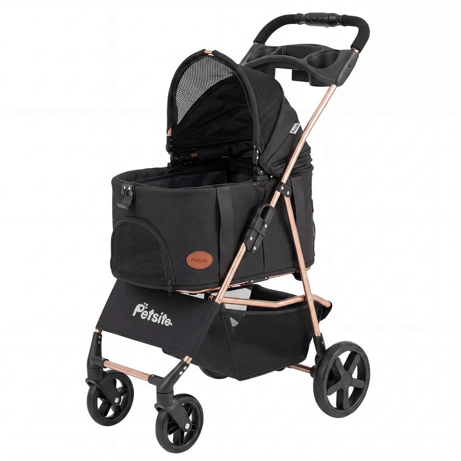 Black 3-in-1 foldable pet stroller for small and medium dogs with detachable carrier, suitable for easy transport and comfort.