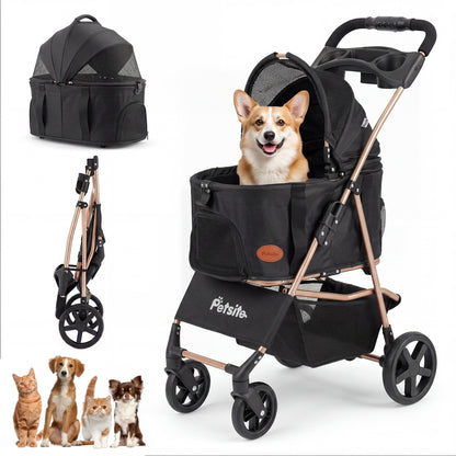 Black 3-in-1 pet stroller for small and medium dogs with foldable design and detachable carrier, ideal for convenient pet travel.