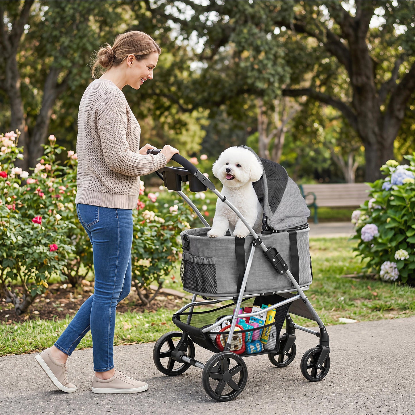 Black 3-in-1 foldable pet stroller with detachable carrier for small and medium dogs, featuring a sturdy frame and comfortable design.